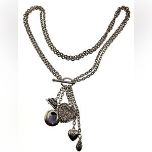 Silver Tone Double Chain Necklace Choker with Dangling Charms and Locket